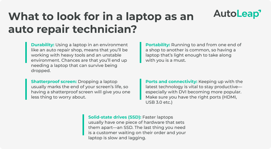 What to look for in a laptop as an auto repair technician.