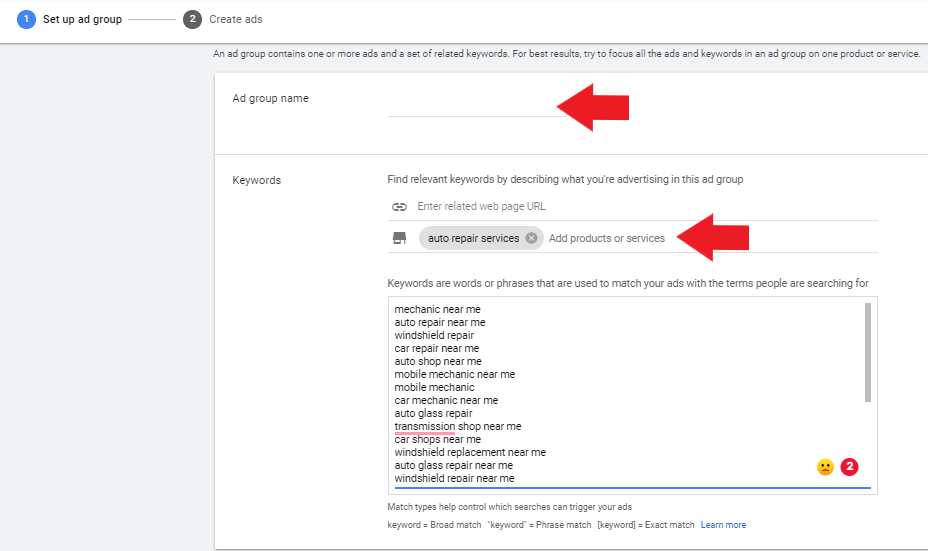 Screenshot of how to set up a Google ad group