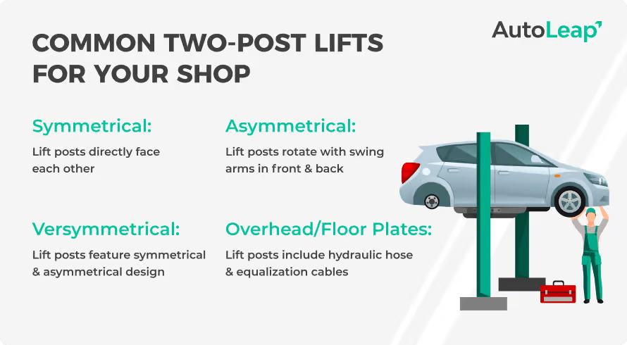 Common two-post car lifts for an auto repair shop