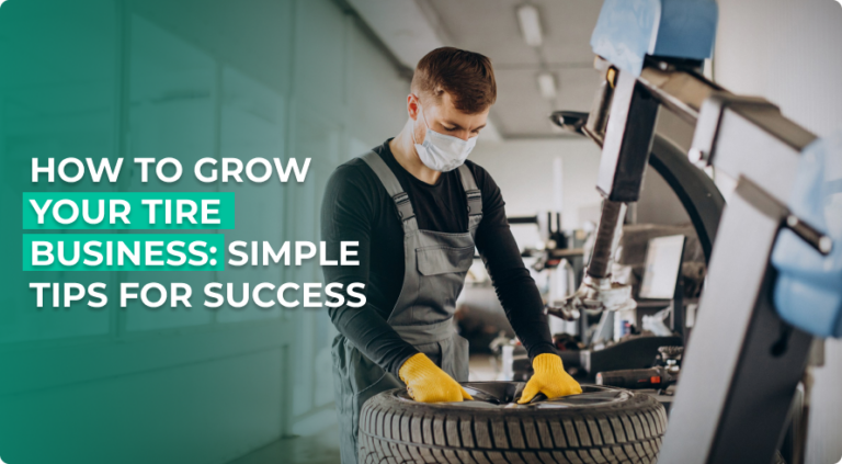 A picture of a guy wearing a mask and gloves, inspecting a tire in an auto repair shop.