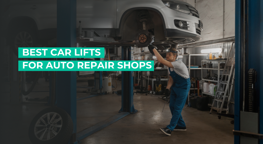 Mechanic working on a car that is lifted by a car lift