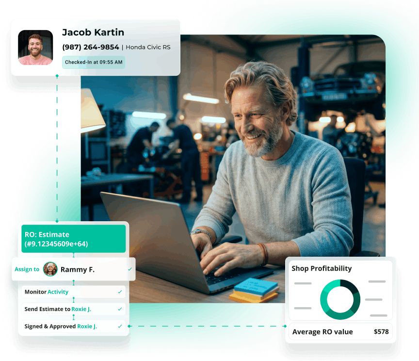 AutoLeap shop management dashboard showing work board, estimates, and customer messages