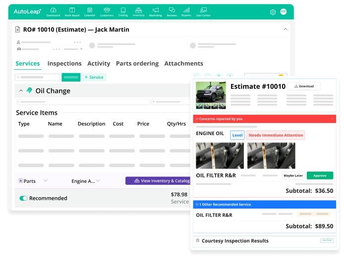 Repair estimate on AutoLeap next to the customer's approval view
